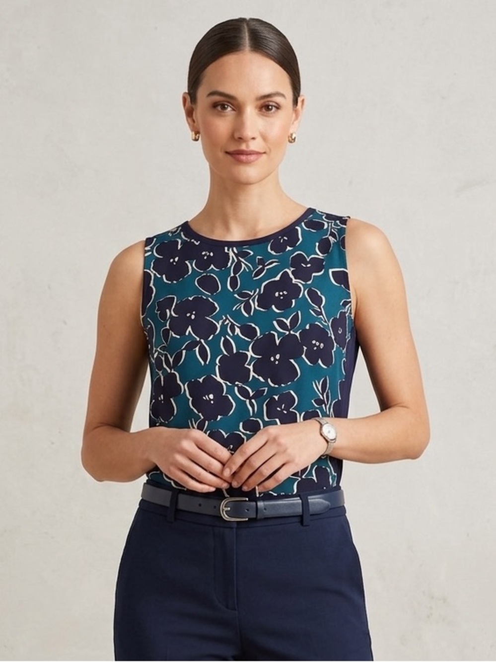 CAbi Warhol Teal Purple Floral Print Tank Blouse Top XS Office Preppy Business